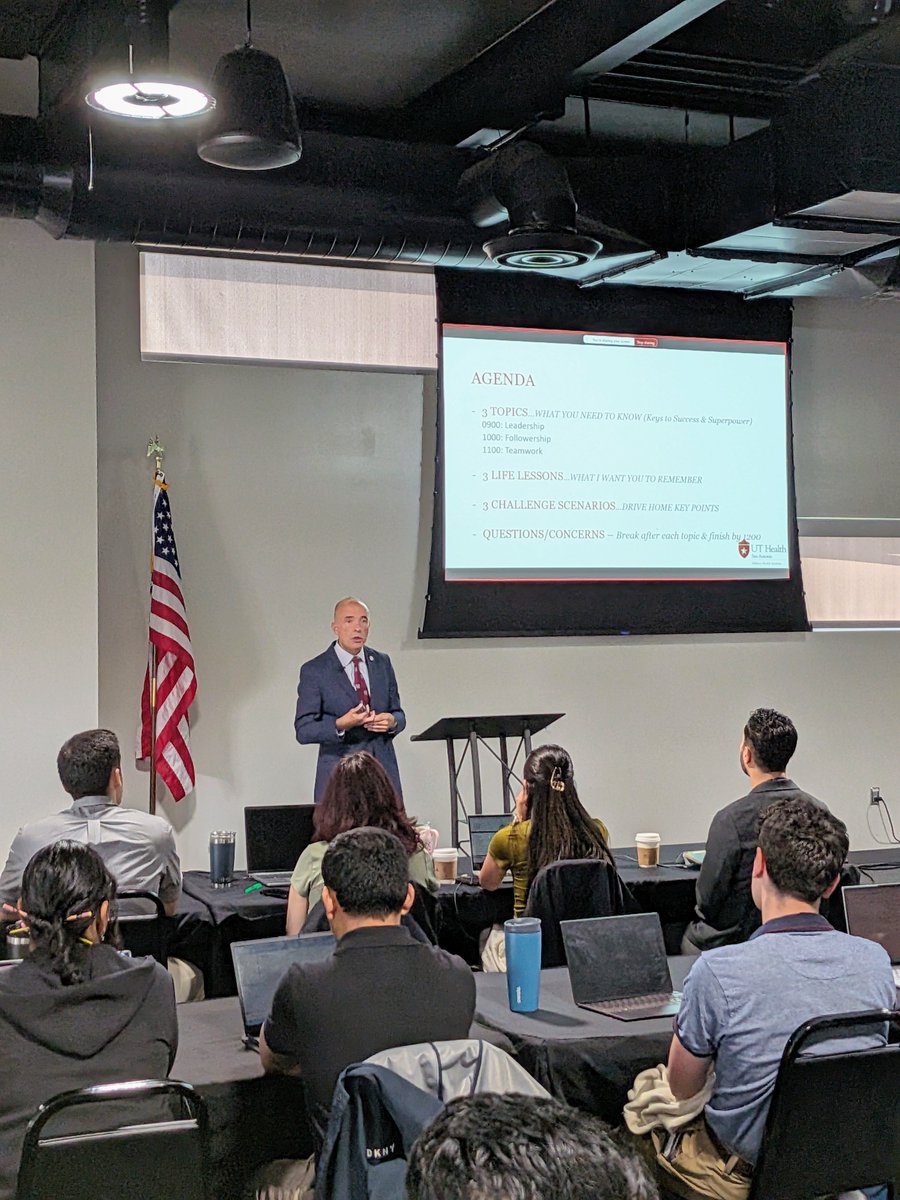 UTMB_Aerospace's tweet photo. "Less is more. Words matter."
Lt Gen (ret.) Robert Miller — 24th Surgeon General of the U.S. Air Force &amp; Space Force, now director of the Military Health Institute at @UTHealthSA — spent a morning with our PASM course on leadership, followership and teamwork.
#AerospaceMedicine https://t.co/oeqdsPNmtD