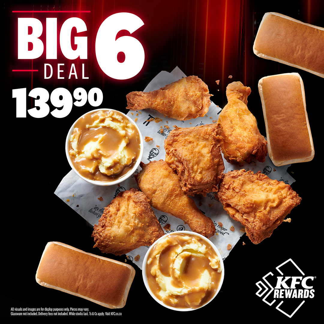 KFCSA's tweet photo. Some big things come in small boxes. Make room for the KFC Big 6 comeback. Get 6 pieces Original Recipe chicken, 2 regular mash &amp; gravy and 3 mini loaves – for just R139.90. It’s back like it never left.