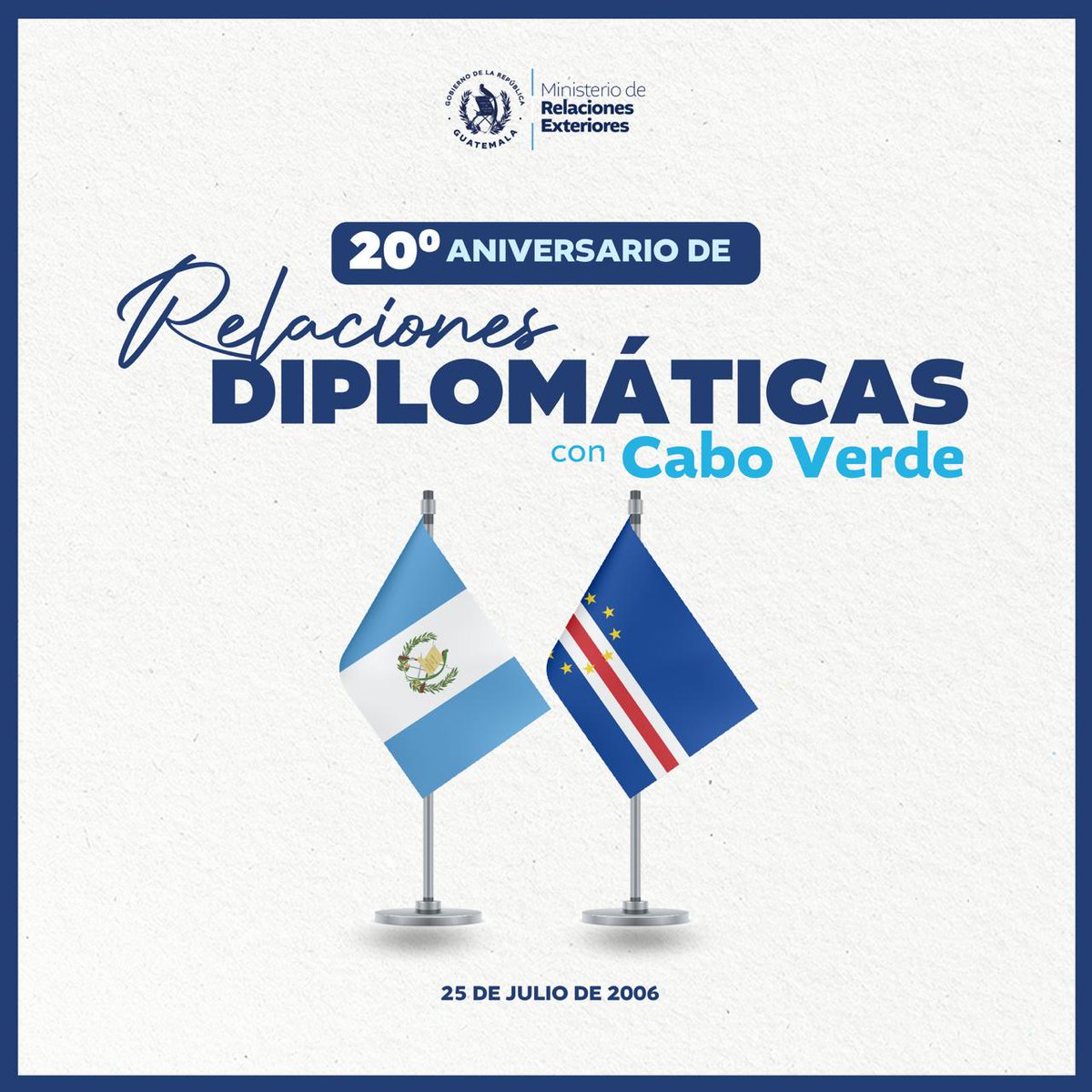 MinexGt's tweet photo. 🇬🇹🤝🇨🇻 | Hoy se celebran 20 años de relaciones diplomáticas con #CaboVerde. Guatemala reafirma el compromiso por estrechar aún más los vínculos de amistad y cooperación.
#RelacionesConElMundo

@GovCaboVerde https://t.co/RT31vMaA9a