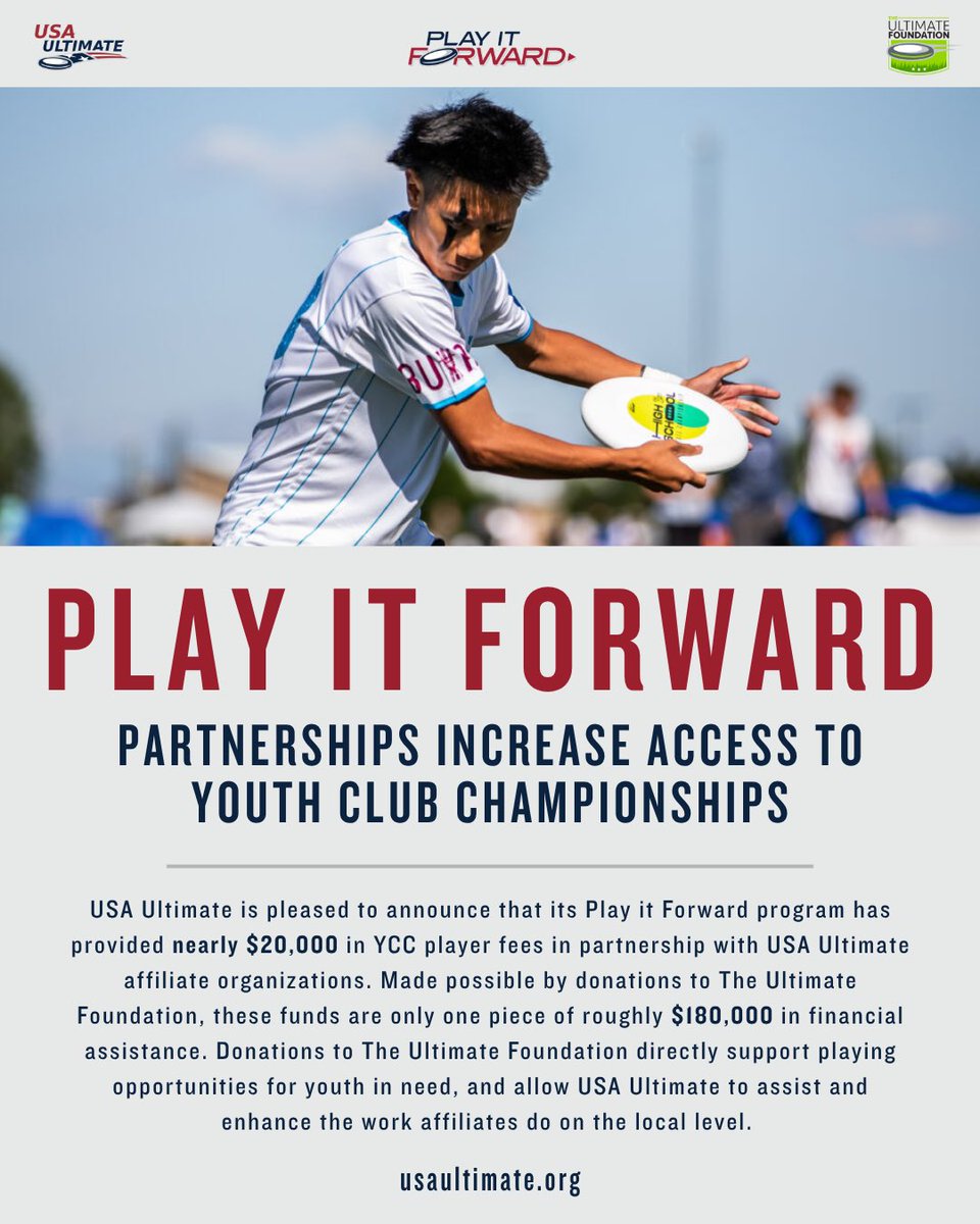 USAUltimate's tweet photo. USA Ultimate announced yesterday that its Play It Forward program provided nearly $20,000 in Youth Club Championship player fees in partnership with USA Ultimate affiliate organizations. 📰

For the full story, click here: https://t.co/A8eXtT153t

#PullForUS | #USAUltimate https://t.co/AIQBDwqkcB