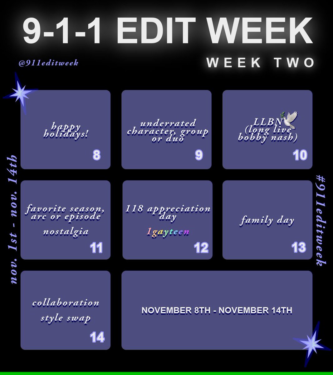 911editweek's tweet photo. WEEK TWO - nov 8th - nov 14th https://t.co/HVgDpal75k