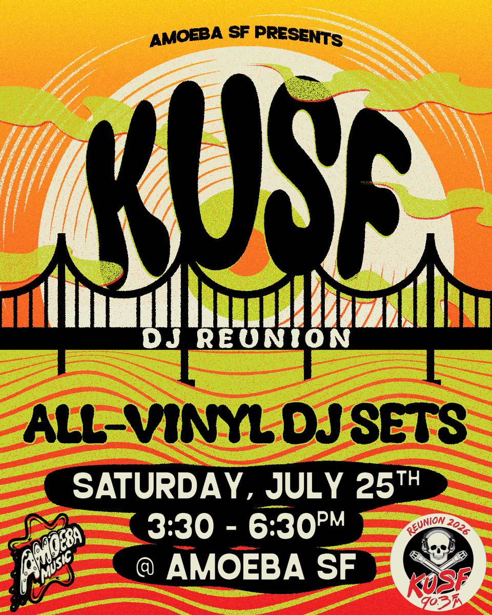 AmoebaSF's tweet photo. Today! KUSF DJs spin all vinyl at Amoeba SF from 3:30pm-6:30pm! DJs Maneesh the Twister, Jet, Carolyn Keddy, Larry Short &amp; DJ X24 will be on our turntables as part of the legendary @saveKUSF's 2026 reunion! 
Free &amp; all-ages.
Info: https://t.co/k8esQKmoec https://t.co/D1L8XrAHfm