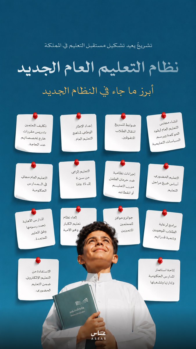 assas_ksa's tweet photo. #نظام_التعليم_العام
تشريعٌ يعيد تشكيل مستقبل التعليم في المملكة https://t.co/tD8bFXaEyq