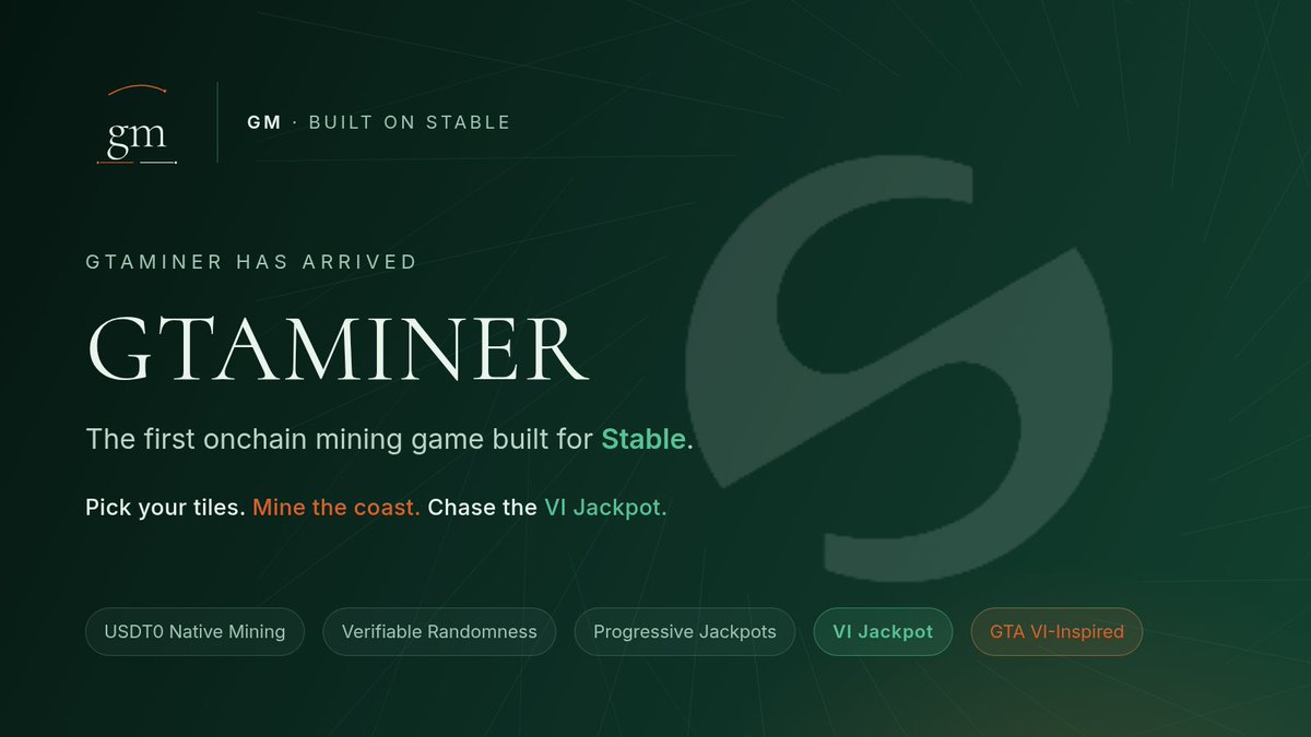 StableGtaminer's tweet photo. GM
GTAMINER has arrived.

The first onchain mining game built for Stable.

Native USDT0 mining. Verifiable randomness. Progressive jackpots. A GTA VI-inspired reward universe.

Pick your tiles. Mine the coast. Chase the VI Jackpot.

Mining starts soon. ⛏️

#Stable #USDT0 #GTA6 https://t.co/WnlEdXsP6c