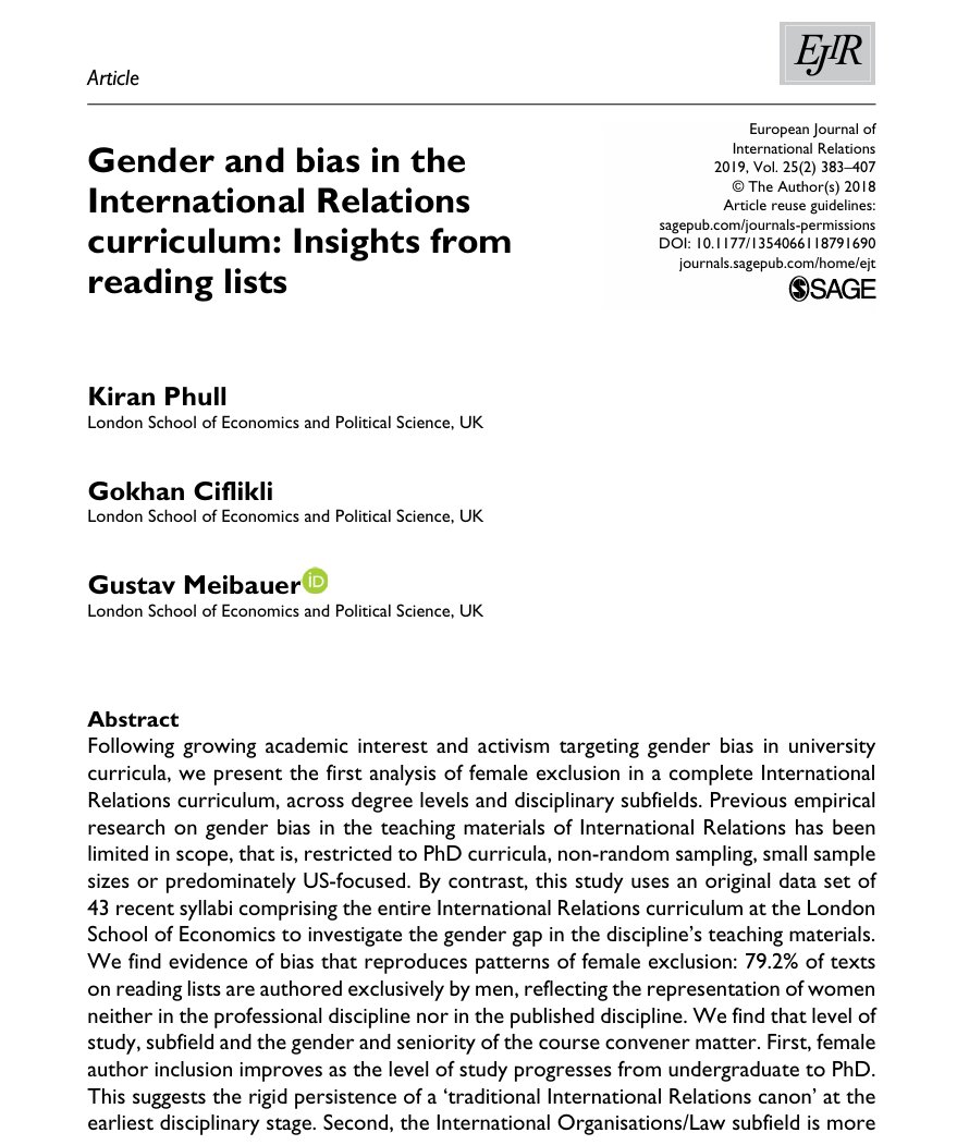 Wubenmensheng's tweet photo. Phull et al (2019) analyze 43 LSE IR syllabi and uncover an entrenched 80/20 gender divide shaped by degree level, subfield, and course conveners' gender and seniority.

https://t.co/yiJjJAj6P5 https://t.co/u4m3vUiu7S