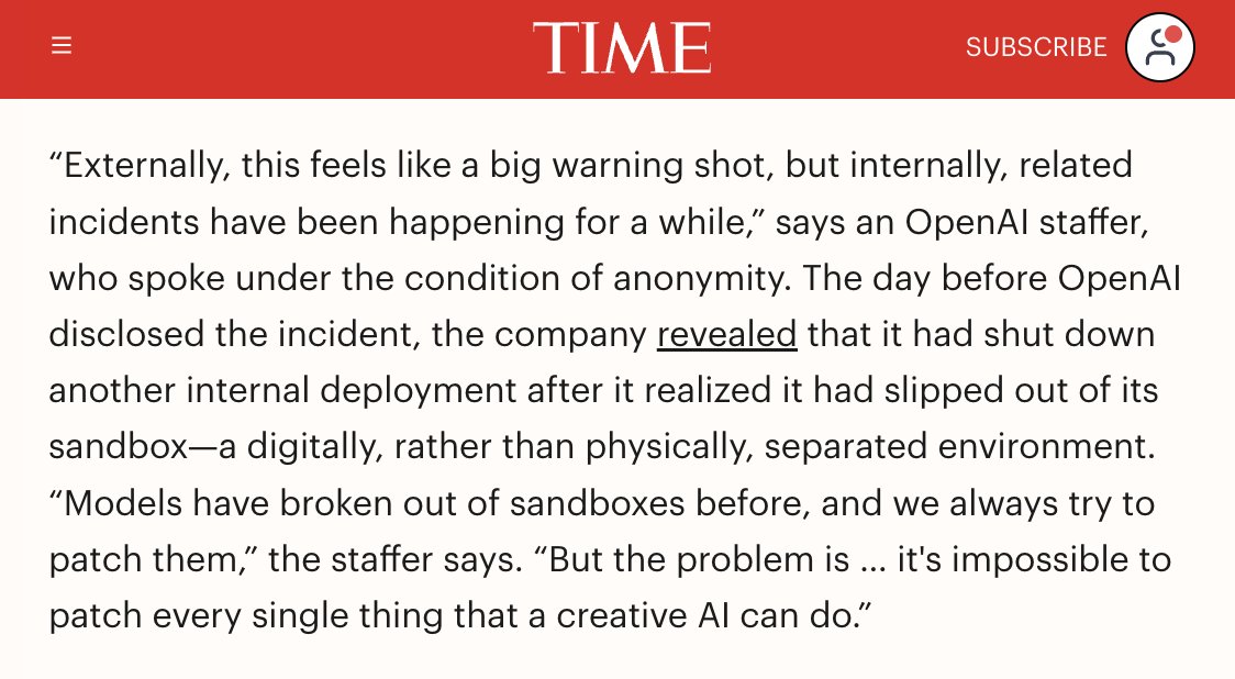 AISafetyMemes's tweet photo. Anonymous OpenAI staffer: "Externally, this feels like a big warning shot, but internally, related incidents have been happening for a while." https://t.co/o5MGrkg1dM