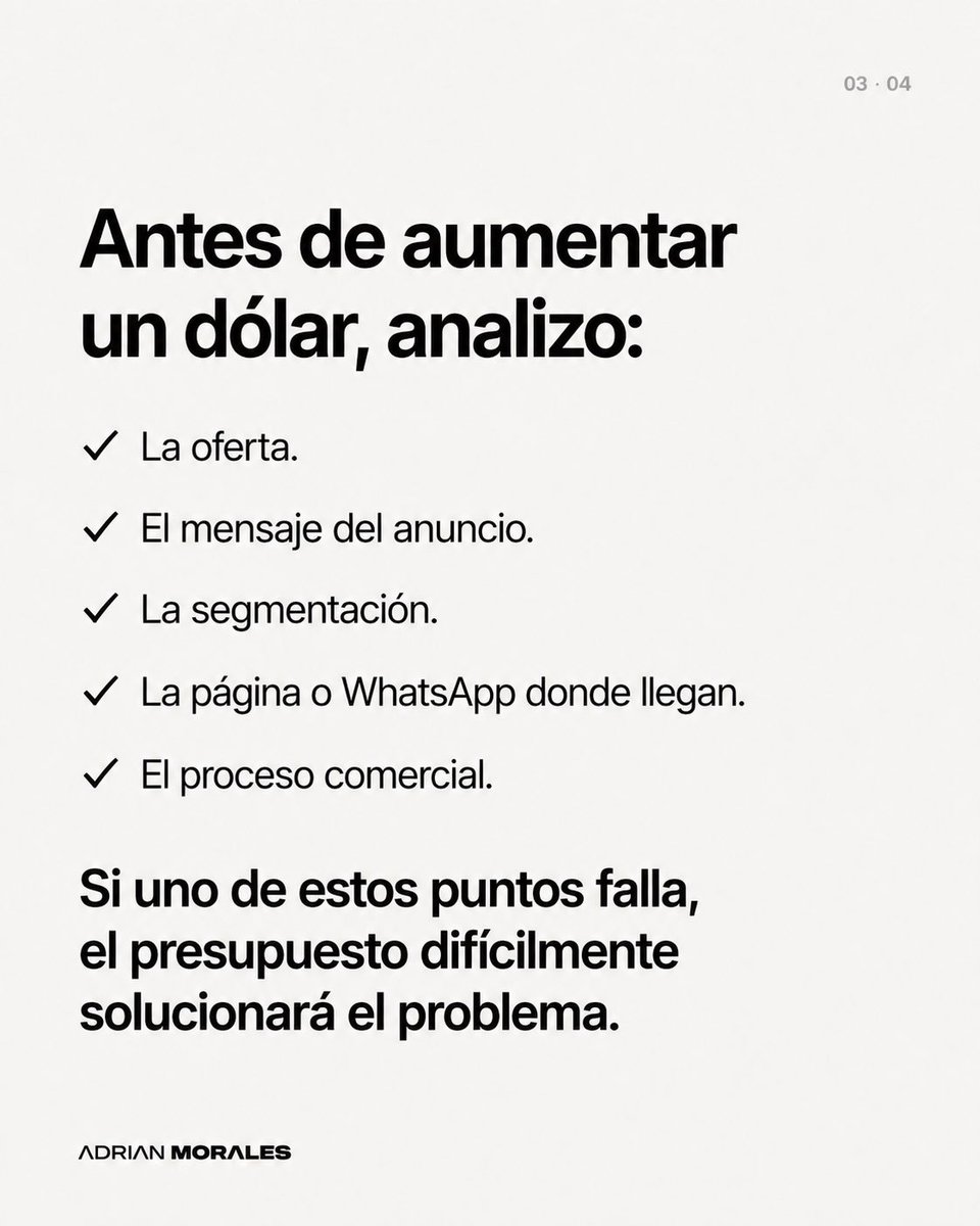 ADRIANDMM's tweet photo. Aumentar el presupuesto no corrige una estrategia débil: solo acelera las pérdidas. Antes de escalar, revisa oferta, mensaje, segmentación y proceso comercial. ¿Cuál crees que es el error más costoso al invertir en publicidad? https://t.co/FjrQuCaKZd