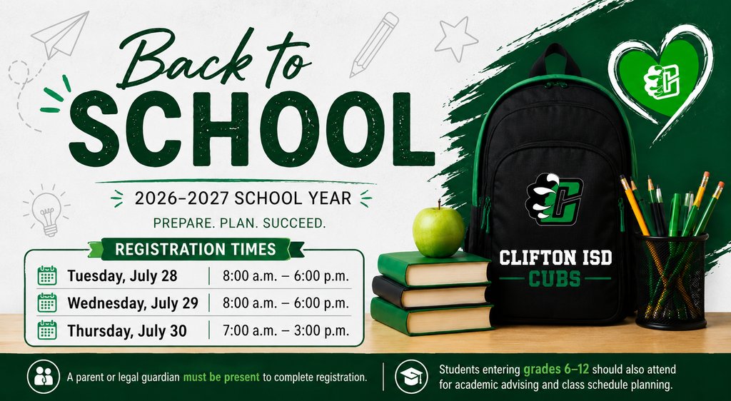 Cubs_ES's tweet photo. 📚 Registration starts Tuesday, July 28!
🗓️ July 28–29: 8 a.m.–6 p.m.
🗓️ July 30: 7 a.m.–3 p.m.
Check the Clifton ISD Enrollment webpage before you arrive for required documents and resources. 💚 https://t.co/zet15zPxCb