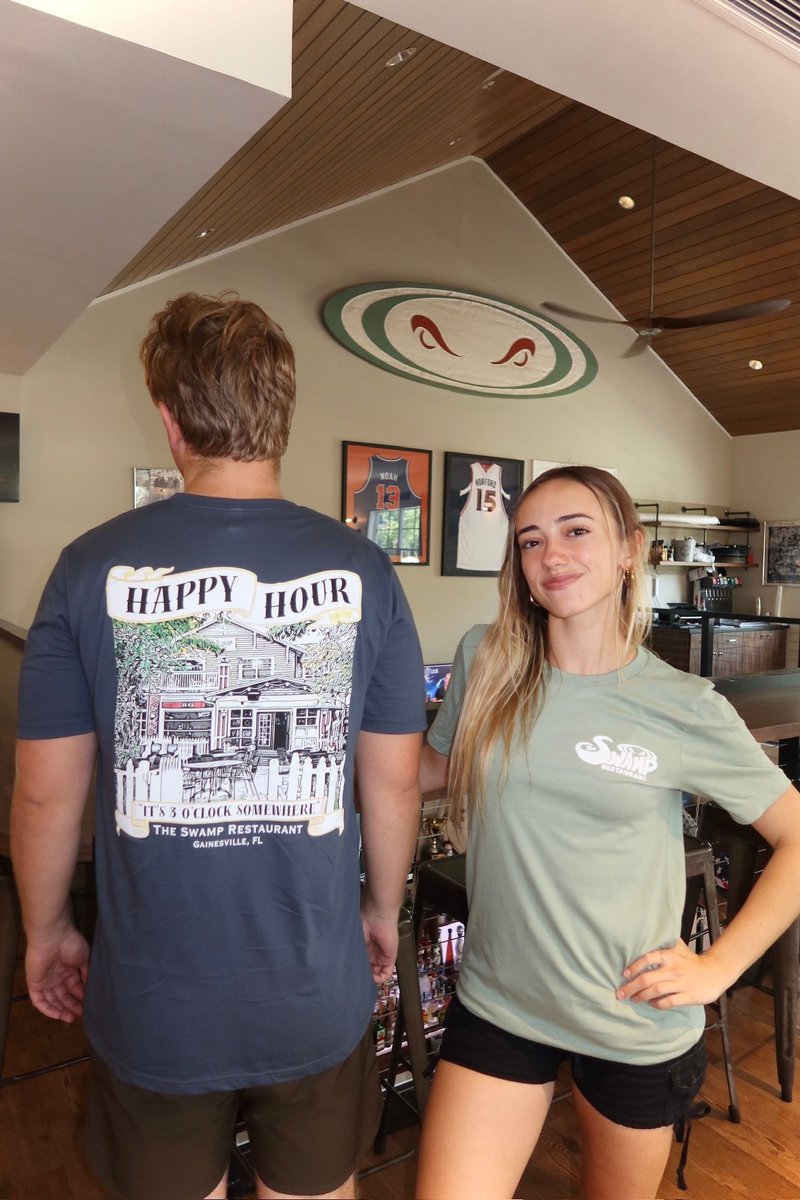 SwampRestaurant's tweet photo. Your fan-favorite Happy Hour T-shirts are back and better! 🔥🐊
Now available in two new colors - Grab yours before they’re gone! 🍻
#SYAS https://t.co/mdwfGwlSE6