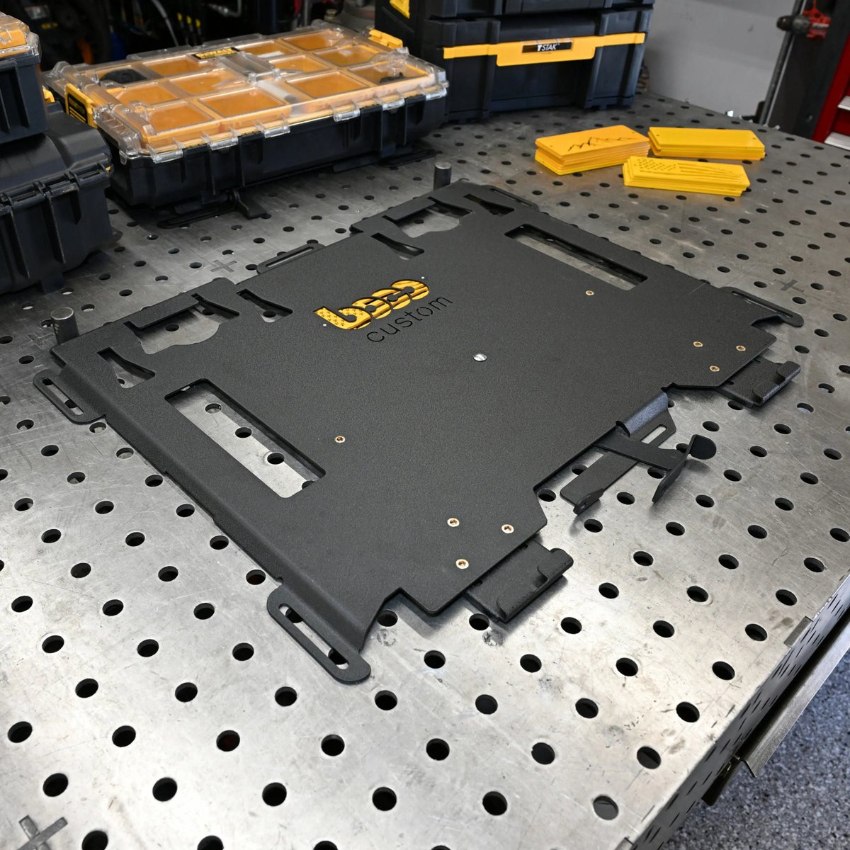 BOCOcustom's tweet photo. Ditch the flimsy plastic—our American-made DEWALT ToughSystem DXL mounting plate is a 12-gauge steel tank: 300lb capacity, lockable, one-handed access, low-profile for floor or wall. Built once, built right. #BOCOCUSTOM #OVERLANDGEAR Tap the link in bio. https://t.co/tn90SsVBWY