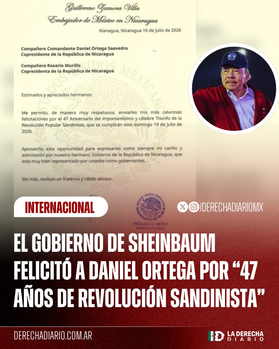 DerechaDiarioMX's tweet photo. 🚨🇲🇽🇳🇮 | DEL LADO INCORRECTO DE LA HISTORIA: El gobierno de Sheinnbaum felicitó el pasado 16 de julio al dictador Daniel Ortega por "47 años de revolución sandinista" en Nicaragua, luego de que el socialista dictara que "no habrán más elecciones" en su país. https://t.co/BTYESYn2St