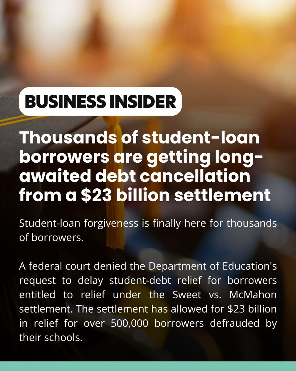 EdDebtJustice's tweet photo. A federal court has denied the Department of Education's request to delay debt relief for borrowers covered under the Sweet v. McMahon settlement.

What does this mean? The settlement provides $23 billion in relief for over 500,000 borrowers who were defrauded by their schools.

@BusinessInsider  reports on the latest Sweet v. McMahon victory.

Read more: https://t.co/cD7pYQxBmy