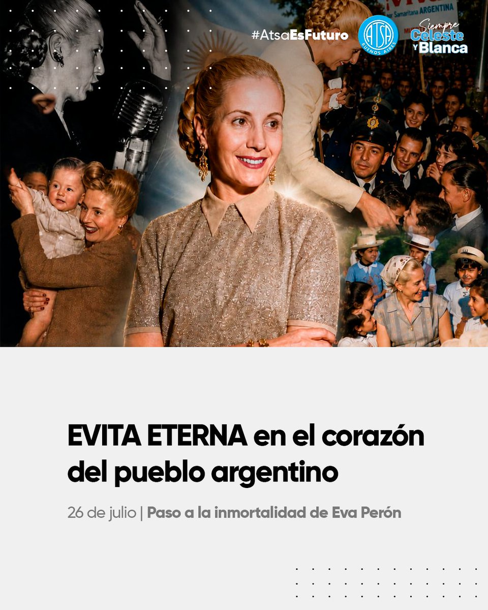 AtsaBsAs's tweet photo. Evita eterna ❤️

Un 26 de julio de 1952, la compañera Evita pasó a la inmortalidad.

La recordamos por su lucha inclaudicable en favor de millones de argentinas y argentinos. Su legado vive en el pueblo y su nombre sigue siendo bandera. 💙✌️ https://t.co/4ON1AB2Ery