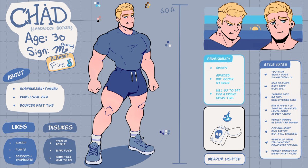 Merkledraws's tweet photo. With artfight almost over I wanted to share the reference sheet I made for chad. 

Fun to play with a ref sheet, and I feel like every time I do a take on him I get a little closer to how I imagine him! https://t.co/w6miFrUfZY
