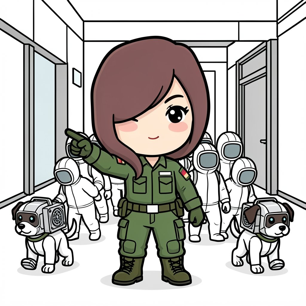 kfchow's tweet photo. Lady Havi goes tactical. Fully kitted in green combat uniform, leading a squad of air quality inspectors and air-purifying robot dogs into a commercial building. Taking over facility air monitoring across Southeast Asia and the Middle East markets — one inspection at a time. https://t.co/8UQkZSHAFP