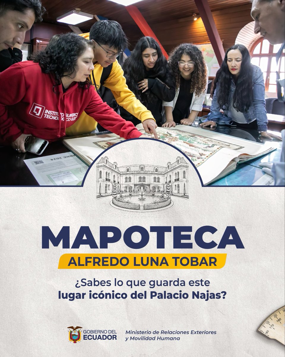 CancilleriaEc's tweet photo. ¿Sabes qué guarda el Centro Documental “Mapoteca” Alfredo Luna Tobar?

Descubre uno de los espacios más emblemáticos del Palacio Najas a través de nuestros recorridos guiados.

Las visitas y los recorridos guiados son totalmente gratuitos.
Inscríbete aquí. 👉https://t.co/7uMSSfLMfw