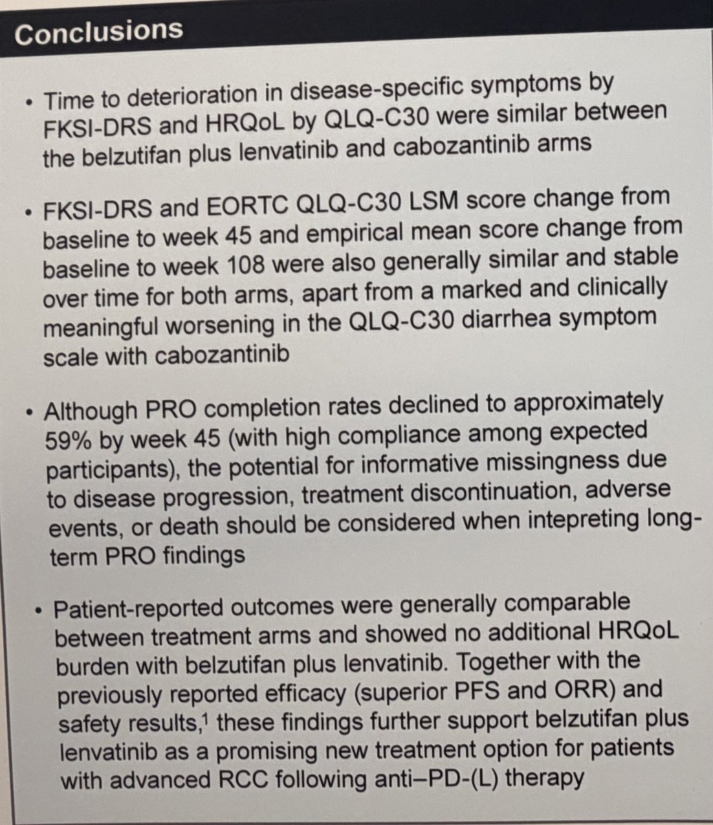 tompowles1's tweet photo. Quality of life data of lenvatinib plus belzutifan vs cabozantinib in advanced renal cancer (LITESPARK11) #KCRS26 @DrChoueiri @motzermd . Results showed little QOL difference in the 2 arms.   QOL analysis in advanced disease is impacted by treatment tox and disease control (especially the latter). This can make detailed assessment difficult.