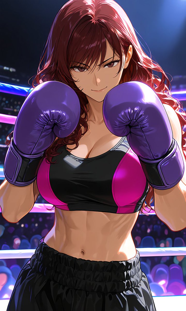 Rusalii_AI's tweet photo. お題：お姉さんボクサー #3 / Topic: Older Sister Boxer #3

紫のグローブを構え、静かな自信をまとってリングに立つお姉さんボクサー。
落ち着いた微笑みと赤みのあるロングヘアが印象的な、女子ボクシングの強さと気品を描いたAIイラストです。

An older sister-style female boxer stands confidently in the ring with her purple gloves raised.
Her calm smile and deep reddish long hair create an AI illustration that blends elegance with the strength of women’s boxing.