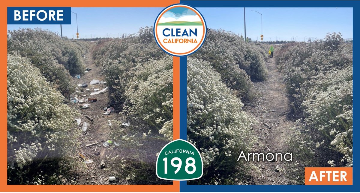 CaltransDist6's tweet photo. Caltrans crews recently cleaned up this mess along CA-198 near Armona’s 14th Avenue exit. Remember to do your part by using a bag in your car to collect all trash before it is blown or falls out of your vehicle. #CleanCA 💙🚮 @CAgovernor  @CA_Trans_Agency https://t.co/e7uu7rtqts