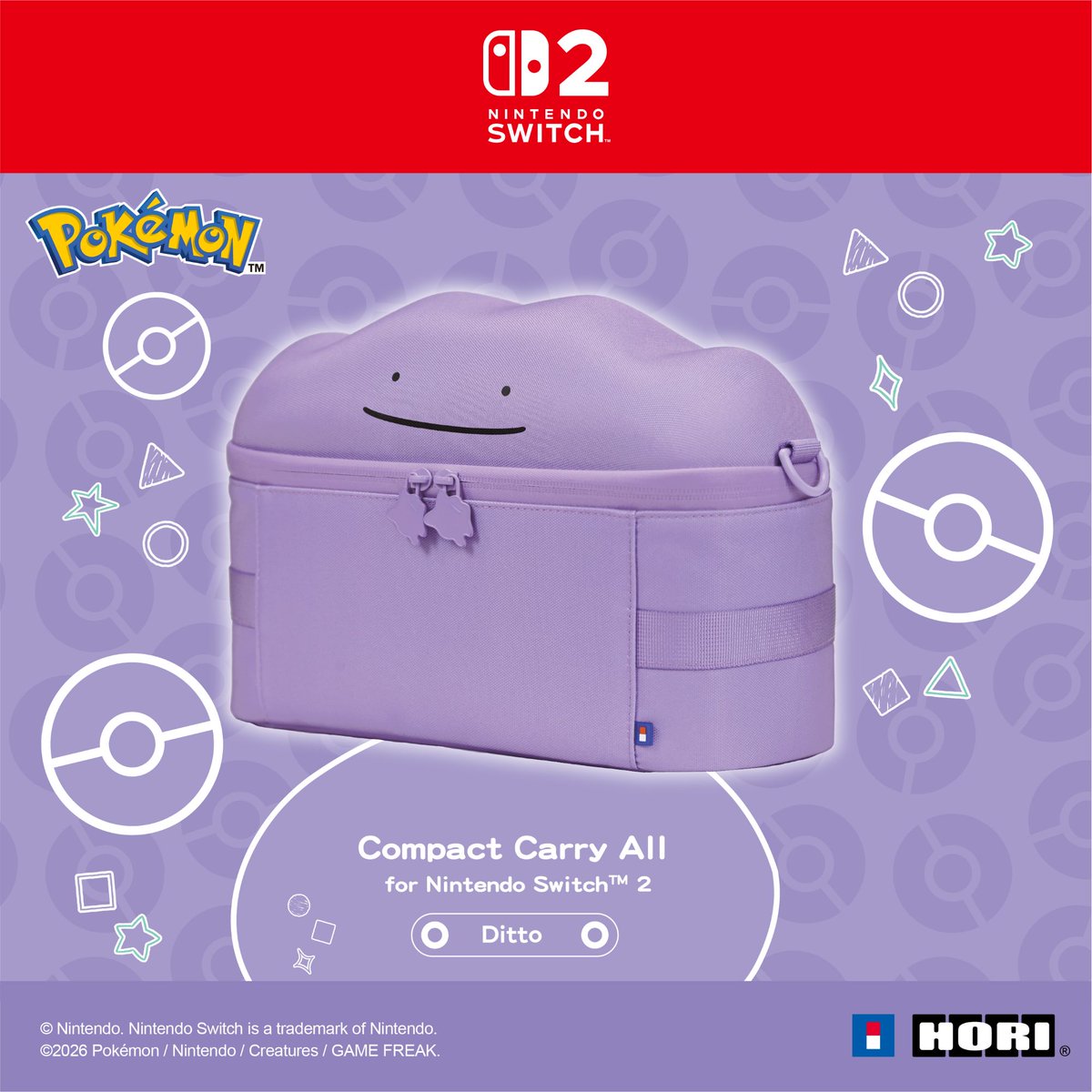horiusainc's tweet photo. Oh? What's this? Capture the attention with adorable #HORI Compact Carry All (Ditto)! Ditto keeps your #NintendoSwitch2, dock, cables, and accessories snug in five roomy compartments—perfect for any #Pokemon adventure. Available from July @Target @BestBuy @Amazon #HORIGaming https://t.co/oMKIeg7aiB