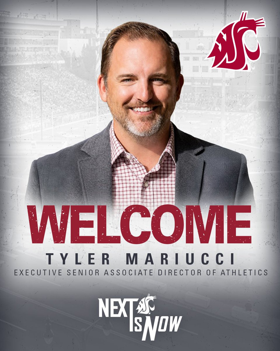 Tyler Mariucci smiling against a grayscale city backdrop, with maroon text that says "Welcome Tyler Mariucci, Executive Senior Associate Director of Athletics" and a maroon cougar logo in the top right corner.