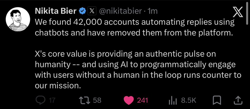 Wizzird's tweet photo. Stop using Ai to write replies 

X just eliminated 42,000 accounts https://t.co/dS2ygWEaT8