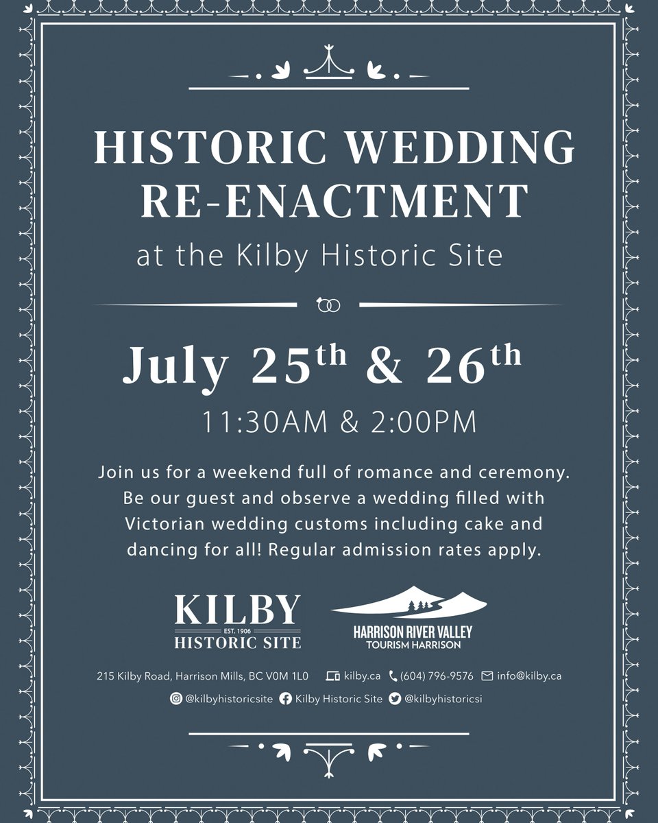 kilbyhistoricsi's tweet photo. Historic wedding re-enactments will be taking place at 11:30AM and 2PM both days! Regular admission rates apply.
We will also have other hands-on activities taking place such as butter making (Saturday) or ice cream making (Sunday) at 1PM.
#bchistory #explorebc https://t.co/pE8v8xYJs5