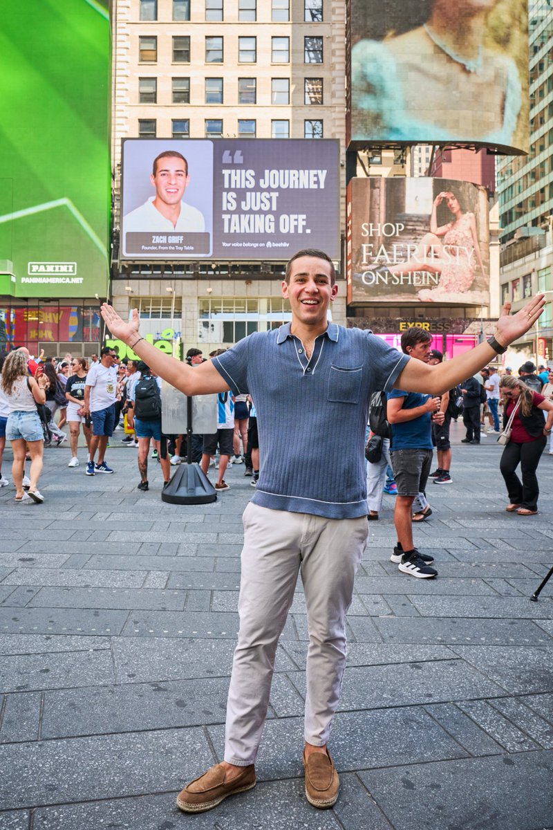 _ZachGriff's tweet photo. Less than a year ago, I launched my travel newsletter, From the Tray Table, and made a big bet on myself by leaving TPG.

Today, that bet is lit up over Times Square.

This journey is just taking off. @beehiiv, this is wild! https://t.co/3EVu1HLYPF