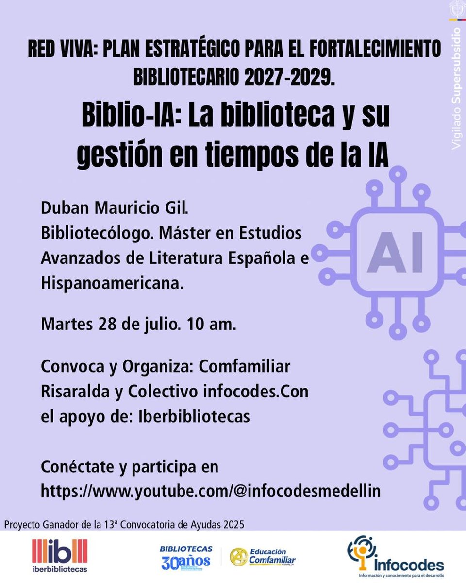 raigozal's tweet photo. Biblio-IA:🤖 La Biblioteca y su gestión en tiempos de IA.
Duban Mauricio Gil. Bibliotecólogo. 📖
Máster en Estudios Avanzados de Literatura Española e Hispanoamericana. 28 de julio. 10 a.m.
Conéctate en: https://t.co/MGvrE4CCHq
Convoca: Comfamiliar Risaralda, Colectivo Infocodes. https://t.co/3iURnu88EU