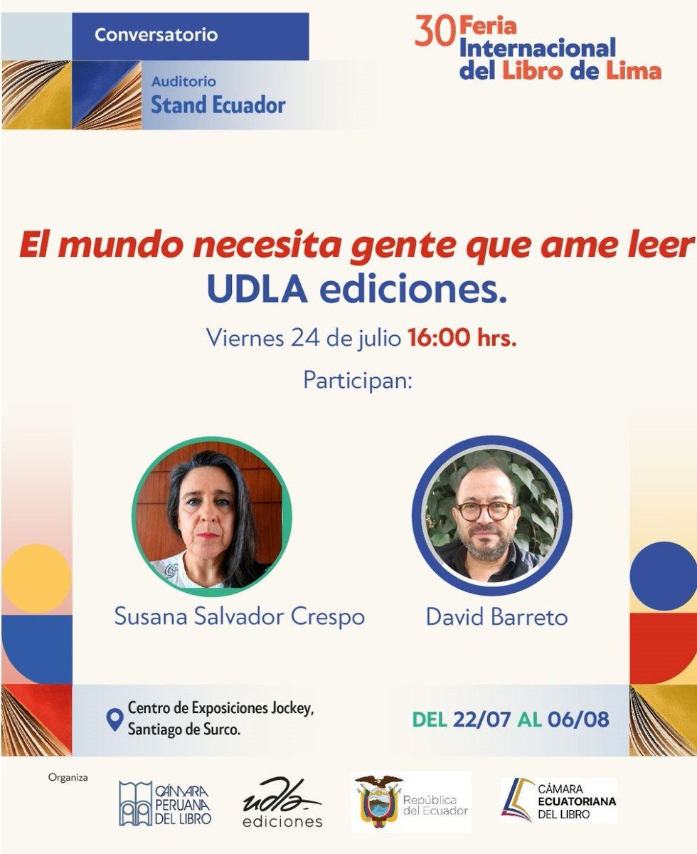 UDLAediciones's tweet photo. ¡UDLA Ediciones en la FIL Lima!

Dos eventos imperdibles. En el primero, a las 16:00, Susana Salvador expondrá su experiencia editorial en el ámbito académico durante estos 10 años de gestión. Por otra parte, David Barreto conversará sobre (Más allá de) Las latitudes del caballo! https://t.co/79YRnrw3qj