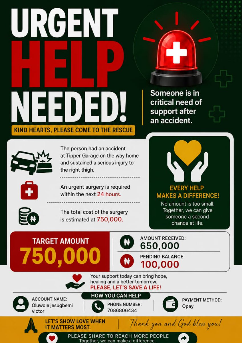 adamkuranga247's tweet photo. 🚨 URGENT APPEAL (UPDATED)

A 100L student had an accident at Tipper Garage while returning home and sustained a thigh injury. He urgently needs surgery .

Estimated: 750,000
Amount seen : 650,000
Shortfall: 100,000

Acc: 7086806430
Oluwole Jesusgbemi Victor
Opay

Pls repost 🙏 https://t.co/flnYOjJrnz