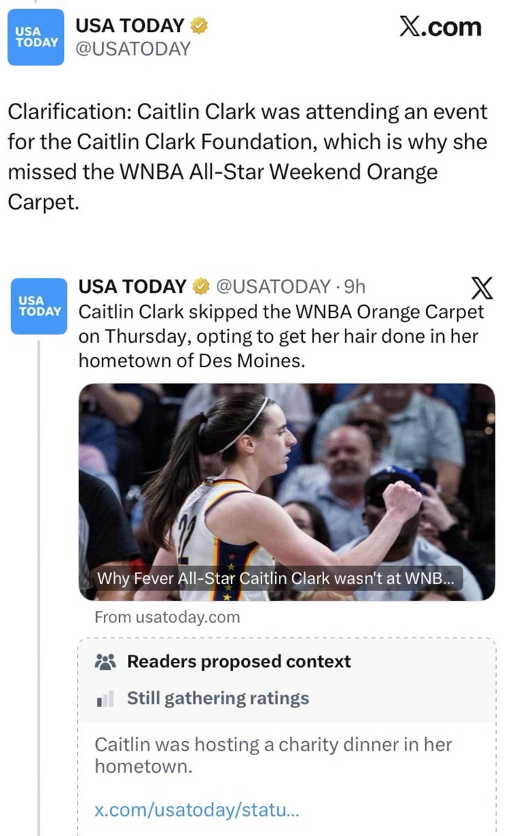 mymomcare's tweet photo. USA Today @USATODAY had to issue a “clarification” as they said Caitlin was getting her hair done, and couldn’t attend the WNBA All-Star Weekend Challenge Orange Carpet.

In reality, she was attending an event for her own foundation.

You can hate USA Today enough😡 https://t.co/2fR3HzkkcA