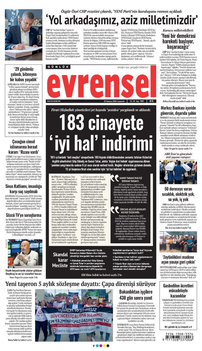 evrenselgzt's tweet photo. 🗞️ Firari Hizbullah yöneticileri jet hızında ‘yeniden’ yargılandı ve aklandı:

183 cinayete ‘iyi hal’ indirimi

90’lı yıllardaki ‘faili meçhul’ cinayetlerde 183 kişinin öldürülmesinden sorumlu tutulan Hizbullah örgütü yöneticileri Edip Gümüş ve Cemal Tutar, adeta ‘kişiye özel hukuk’ uygulamasına dönen ‘yeniden yargılama’da sadece 6 yıl ceza alarak serbest kaldı. Mağdur ailelerden gizlenen davada, 15 yıl boyunca firari olan sanıklar için ‘iyi hal indirimi’ de uygulandı.

📌 Evrensel bayilerde