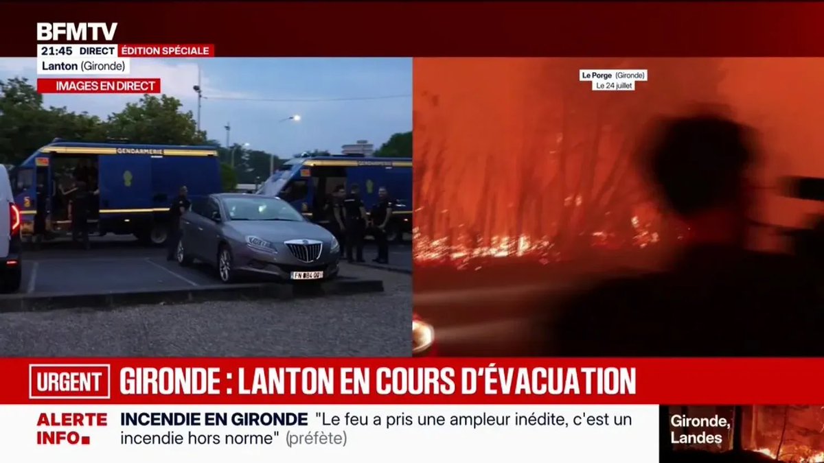 de_Bevec's tweet photo. #Incendie en #Gironde: "Il n'y a plus personne dans la commune, c'est en cours" d'évacuation, explique Loïc Ballongue, maire de #Lanton *+* https://t.co/f7ueuAKhzO via @BFMTV https://t.co/czgEyghJoP