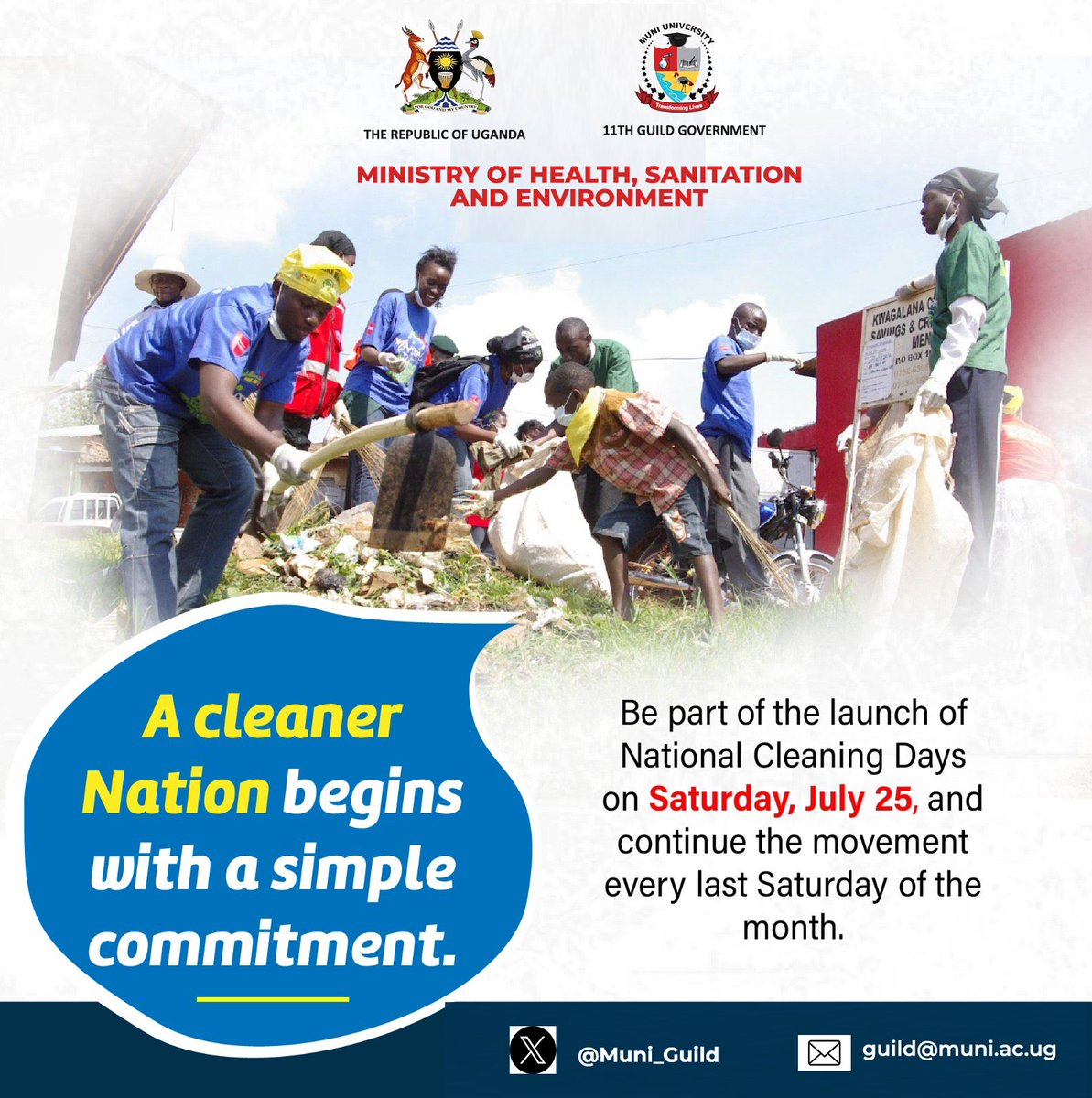 Joseph_Mwes's tweet photo. A clean Uganda is everybody's responsibility.
Let's spare 3 hours tomorrow from 7am to 10am and dedicate them to clean our campus, homes, communities, roads.
@Muni_Guild https://t.co/nA9BSPO1gQ