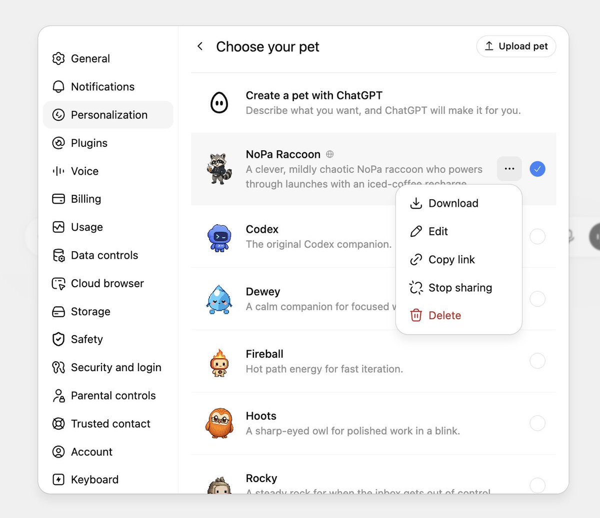 OpenAIDevs's tweet photo. How to share your pet:   
• On ChatGPT web, create a custom pet.   
• Go to Personalization settings.   
• Select "Copy link" next to the custom pet to create a shareable link.      

Pet sharing is available on the web. You can also download the spritesheet to add your pet to the desktop app.