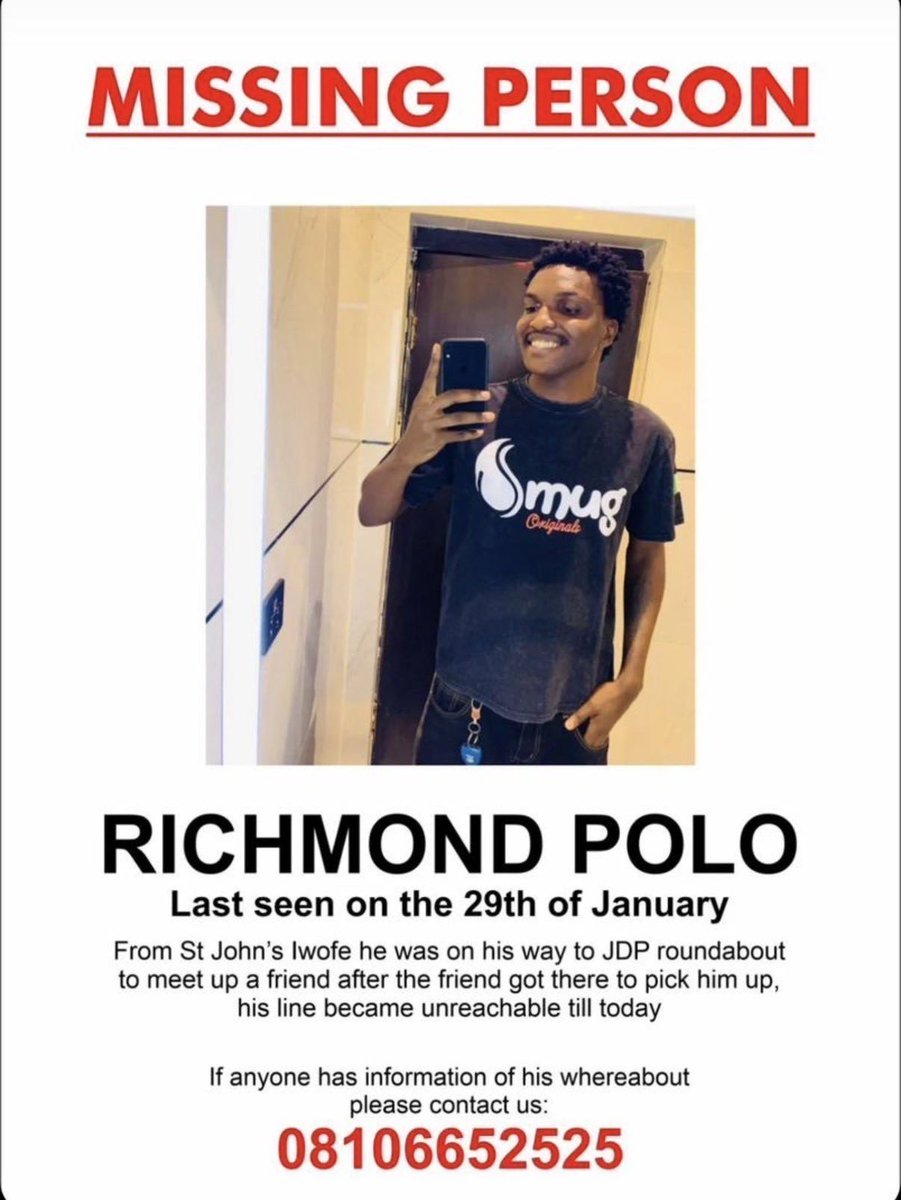 PH_Socials's tweet photo. Missing Person

Last seen on  29th January, 2026

He left St. John's, Iwofe, on his way to JDP Roundabout in Port Harcourt to meet a friend 

The friend arrived at the meeting point to pick him up but couldn't see him and his phone has not been   reachable till date

Anyone with useful information about his whereabouts is urged to contact the family on:
08106652525