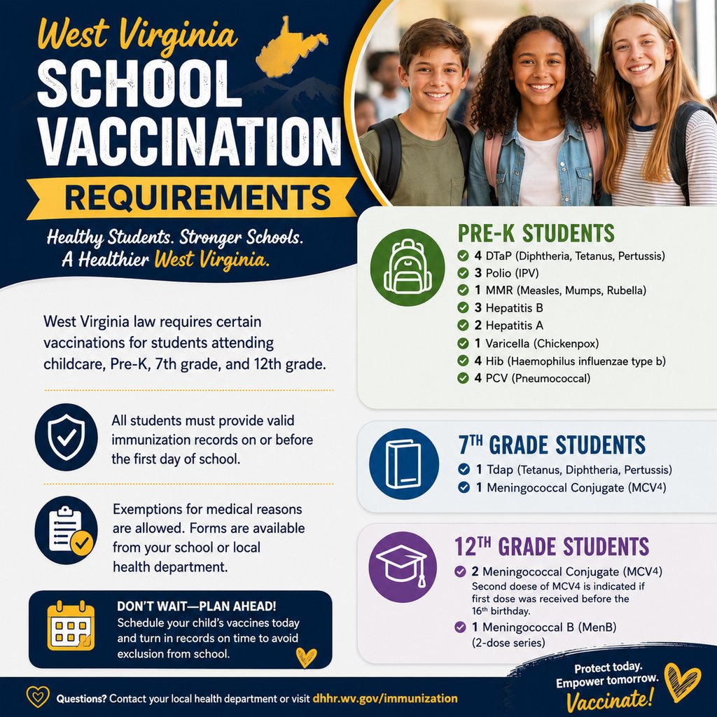 FCSWV's tweet photo. Please review vaccine requirements.  If your child attended Pre-K in a Fayette County elementary school, we do have these documents. If they did not attend a Fayette County Pre-K in an elementary school, we will need these vaccines for entering Kindergarten students. https://t.co/3f3SIOJbBd