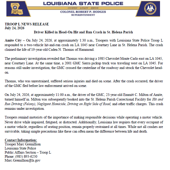 LAStatePolice's tweet photo. Driver Killed in Head-On Hit and Run Crash in St. Helena Parish https://t.co/MNIEj22jTO