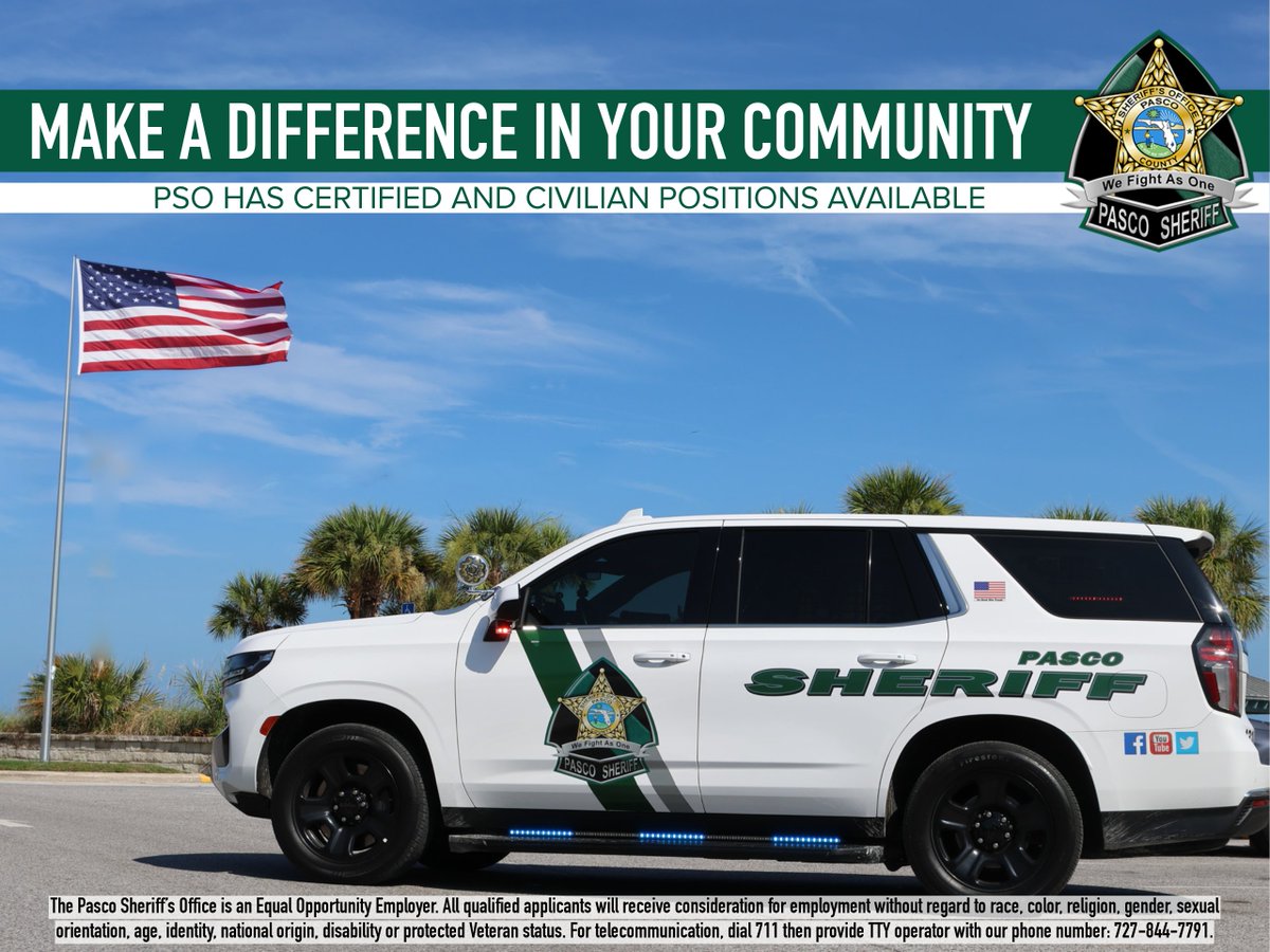 PascoSheriff's tweet photo. This Saturday is National Hire a Veteran Day, and the Pasco Sheriff's Office is proud to be considered a Veterans Preferred Employer, as well as a "Patriotic Employer" by Employers Support for the Guard and Reserve. We currently employ over 200 veterans, certified and civilian, and many of our members still serve our nation proudly while employed at PSO. Start your application today at https://t.co/qMB6wG9tvX and be a part of the team that keeps our community safe!