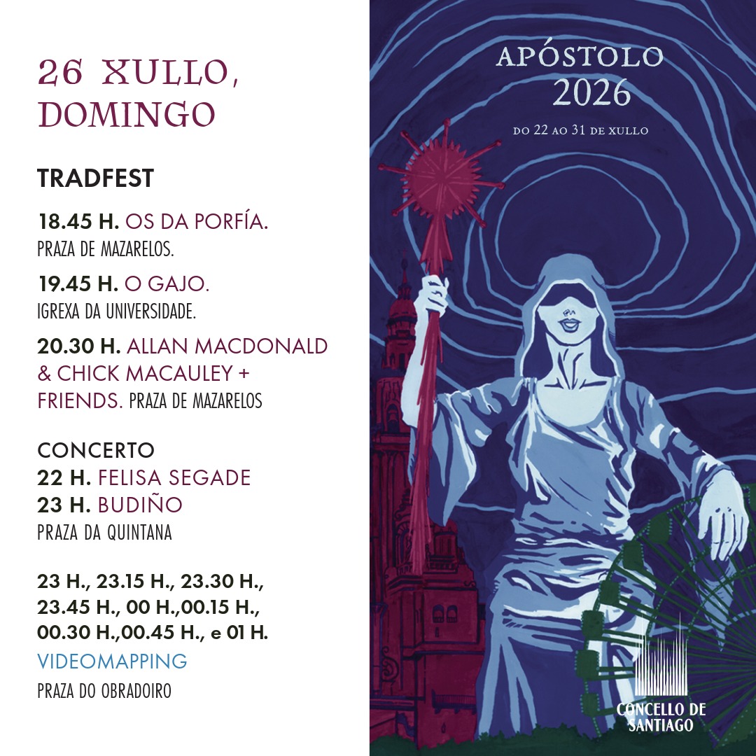 PazodeRaxoi's tweet photo. 📜 A programación deste domingo das #FestasdoApóstolo vén marcada polas celebracións do #TradFest e do #DíadoTraxeGalego, ambas as dúas citas ao longo de todo o día e en diferentes espazos da cidade, ademais das novas sesións do #videomapping do #Obradoiro! 👏

🧐 Non perdades nada do #Apóstolo2026! 🤳 https://t.co/r2MM0b3lUN