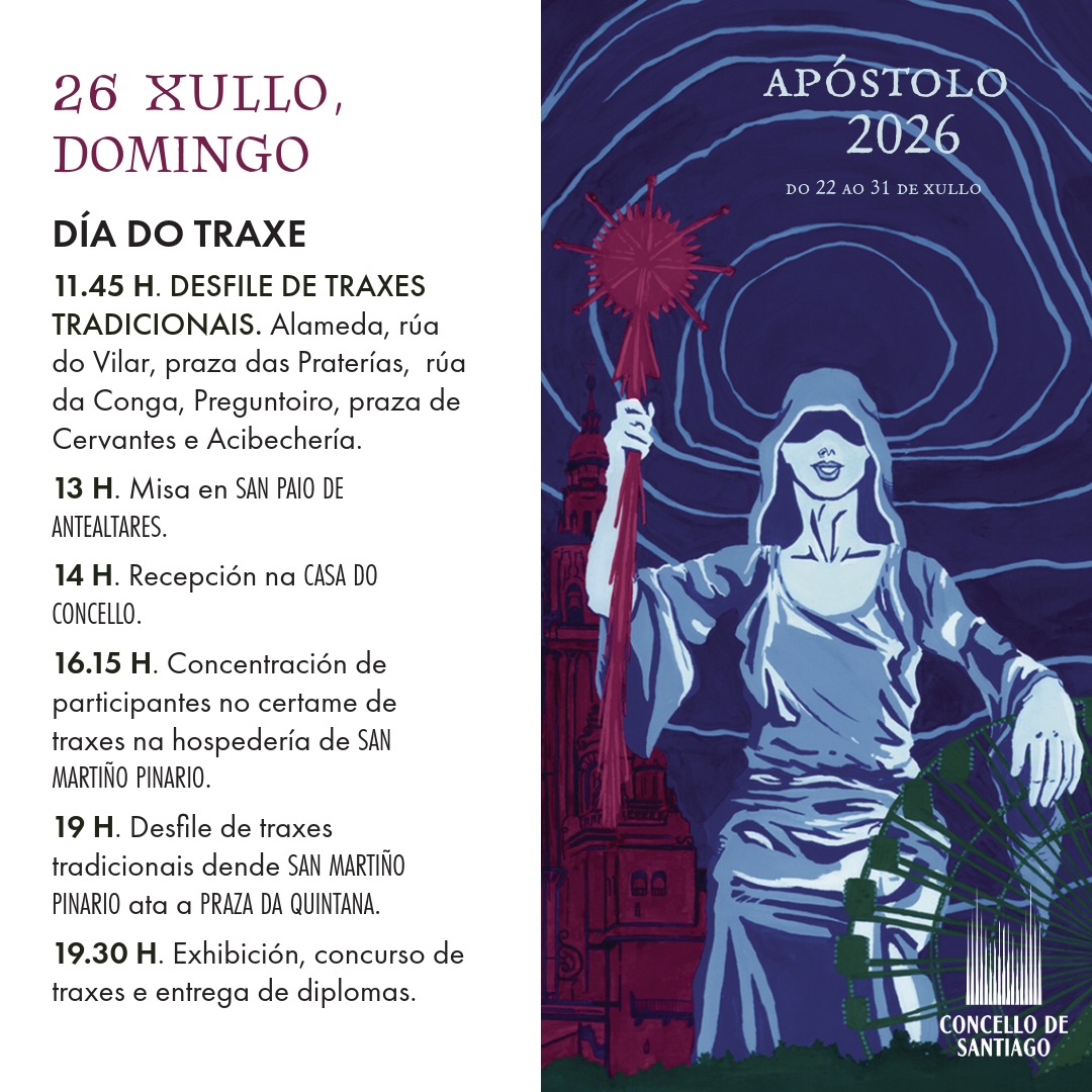 PazodeRaxoi's tweet photo. 📜 A programación deste domingo das #FestasdoApóstolo vén marcada polas celebracións do #TradFest e do #DíadoTraxeGalego, ambas as dúas citas ao longo de todo o día e en diferentes espazos da cidade, ademais das novas sesións do #videomapping do #Obradoiro! 👏

🧐 Non perdades nada do #Apóstolo2026! 🤳 https://t.co/r2MM0b3lUN