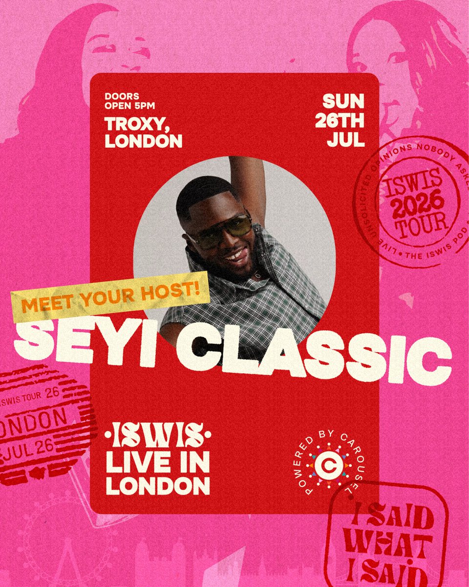 ISWISPodcast's tweet photo. Gbeborun Central LONDON!!! 🇬🇧❤️
We’re kicking off our biggest live tour yet this SUNDAY at Troxy London and a tour this fabulous deserves a Host and DJ to match! 

Our Host: @seyiclassic 
Our DJ: @vvadaa

You already know it’s about to be a TIME🤭
If you haven’t grabbed your tickets yet, this is your sign oh because the gist is never as sweet secondhand. See you there! ❤️