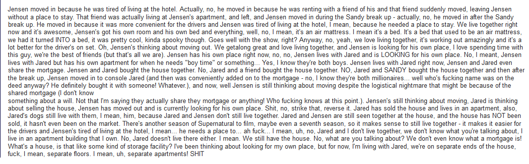 kelios's tweet photo. @nothingb4u For at least four years, according to Jared, with both their names on the mortgage. Also, all the crazy stories they told about why, exactly, Jensen had to move in with Jared will never not be funny. https://t.co/4e4qIz5mut