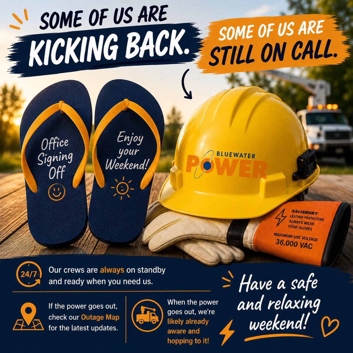 BluewaterPower's tweet photo. The office may be closed, but our commitment to keeping the power on never takes a day off! Our crews are available 24/7 to respond to outages, so if your power goes out, we're likely already aware and working to restore service.
Have a wonderful weekend! https://t.co/fMfI8oFgRr https://t.co/w6WyNjOez8
