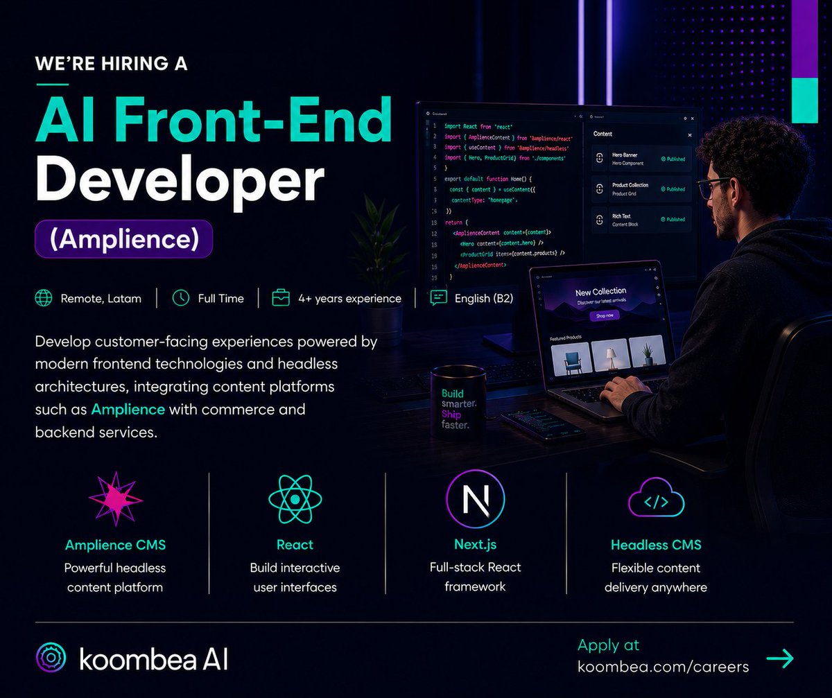 koombea's tweet photo. We’re hiring an AI Front-End Developer with Amplience experience.

Join Koombea and help build modern, scalable, customer-facing web experiences powered by headless architectures, AI-assisted workflows, and strong frontend engineering.

In this role, you’ll work with technologies like React, Next.js, TypeScript, REST and GraphQL APIs, and Headless CMS platforms such as Amplience.

Remote, LATAM - Full-time - 4+ years of experience - English B2

Ready to build high-performing digital experiences with talented teams across the region?
Apply here: https://t.co/aC1MAXH3oO