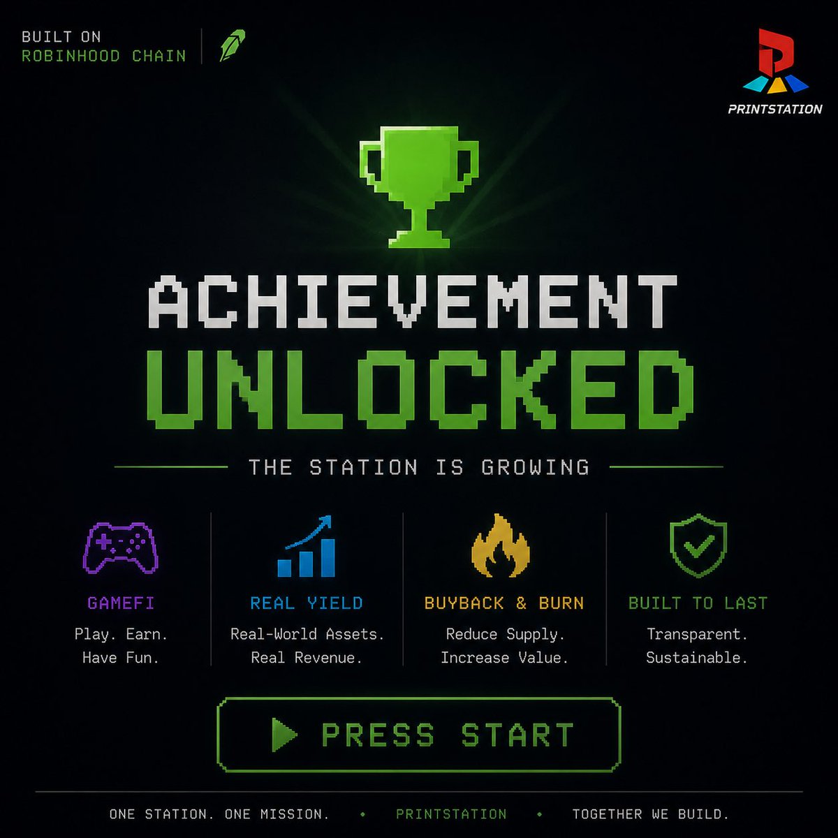 uuuR_sisman's tweet photo. 🏆 Achievement Unlocked.

Not because the game is over.

Because the journey has just begun.

Built on Robinhood Chain.
Powered by real-world yield.
Designed to keep running.

🎮 Press START.

Join the station:
https://t.co/jomp596VJl

#PrintStation
#RobinhoodChain https://t.co/97VRokU1RT