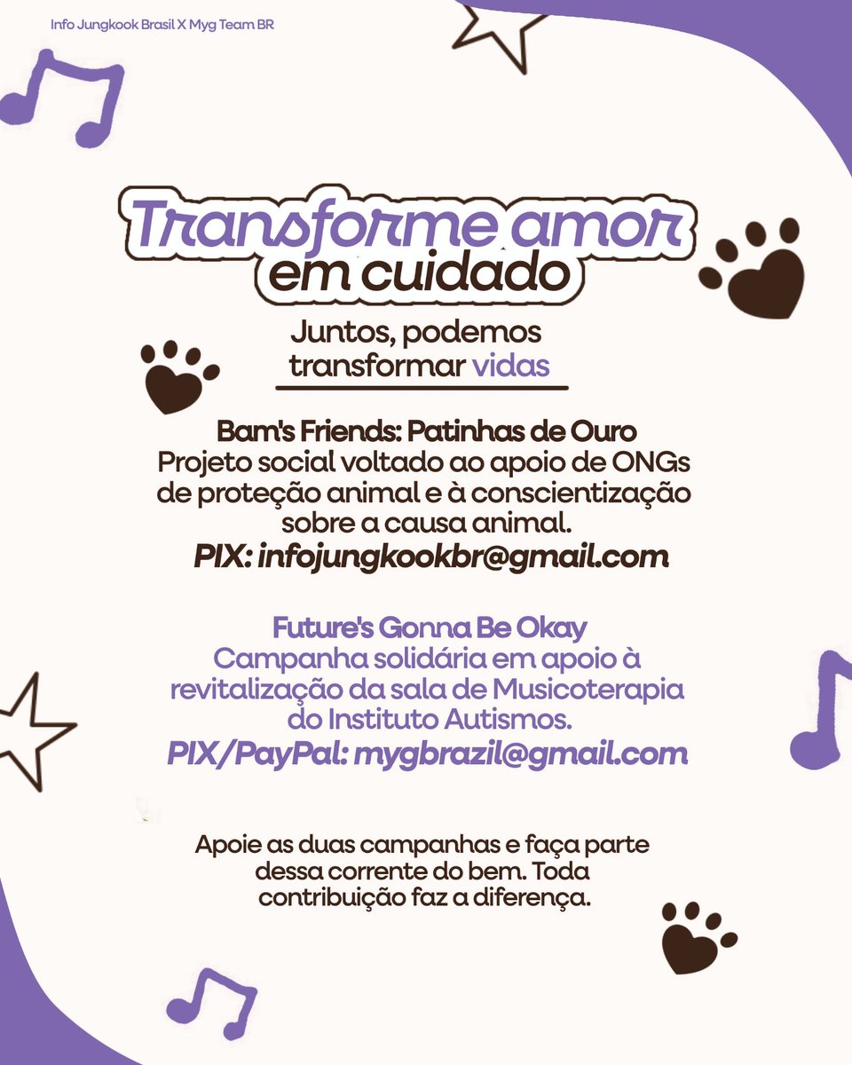 mygteambr's tweet photo. Não importa o objetivo final, quando ele é ajudar o próximo 💜

💙 Future's Gonna Be Okay — Instituto Autismos
Pix: mygbrazil@gmail.com

🐾 Bam's Friends: Patinhas de Ouro — Causa animal
Pix: infojungkookbr@gmail.com

Toda contribuição importa!

#FuturesGonnaBeOkay
#BamsFriends https://t.co/exYYnoJNnk