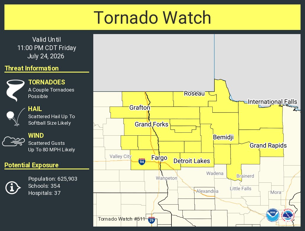 NWStornado's tweet photo. A tornado watch has been issued for parts of Minnesota and North Dakota until 11 PM CDT https://t.co/Jpd6SoM6Hm