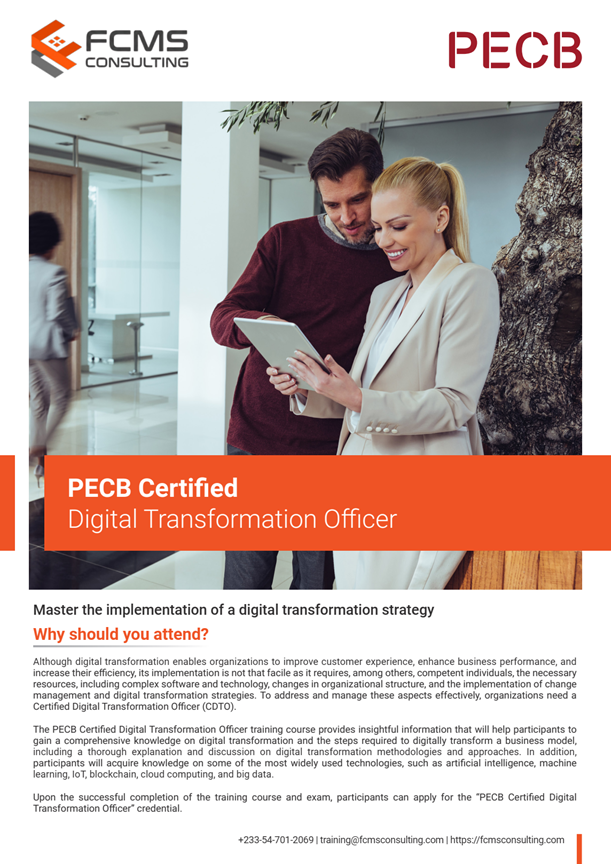 FcmsConsulting's tweet photo. 𝗗𝗶𝗴𝗶𝘁𝗮𝗹 𝗧𝗿𝗮𝗻𝘀𝗳𝗼𝗿𝗺𝗮𝘁𝗶𝗼𝗻 (𝗖𝗗𝗧𝗢) 𝗖𝗼𝘂𝗿𝘀𝗲 | 𝗣𝗘𝗖𝗕 𝗖𝗲𝗿𝘁𝗶𝗳𝗶𝗲𝗱 𝗗𝗶𝗴𝗶𝘁𝗮𝗹 𝗧𝗿𝗮𝗻𝘀𝗳𝗼𝗿𝗺𝗮𝘁𝗶𝗼𝗻 𝗢𝗳𝗳𝗶𝗰𝗲𝗿 𝗧𝗿𝗮𝗶𝗻𝗶𝗻𝗴

Equip your team with the strategic insight required to successfully transform a modern business model. Organized by FCMS Consulting, this official @PECB-certified CDTO training is available via live online interactive, self-study & in-house delivery.

Gain deep expertise in digital transformation methodologies, frameworks, and deployment approaches.

🔷 𝗞𝗲𝘆 𝗧𝗲𝗰𝗵𝗻𝗼𝗹𝗼𝗴𝗶𝗲𝘀 𝗖𝗼𝘃𝗲𝗿𝗲𝗱:

▪️ Artificial Intelligence (AI) & Machine Learning (ML)

▪️ Internet of Things (IoT) & Cloud Computing

▪️ Blockchain & Big Data Analytics

🔶 𝗖𝗼𝘂𝗿𝘀𝗲 𝗛𝗶𝗴𝗵𝗹𝗶𝗴𝗵𝘁𝘀:

▪️ 𝗧𝗿𝗮𝗶𝗻𝗶𝗻𝗴 𝗙𝗼𝗿𝗺𝗮𝘁𝘀: Tutor-led Online & Self-Study

▪️ 𝗖𝗣𝗗 𝗖𝗿𝗲𝗱𝗶𝘁 𝗛𝗼𝘂𝗿𝘀: Issued officially by PECB

▪️ 𝗘𝘅𝗮𝗺: Online (includes 2 free attempts)

▪️ 𝗖𝗲𝗿𝘁𝗶𝗳𝗶𝗰𝗮𝘁𝗶𝗼𝗻: Certificate & Digital Badge issued by PECB

🎯 𝗘𝗻𝗿𝗼𝗹𝗹𝗺𝗲𝗻𝘁 & 𝗜𝗻𝗾𝘂𝗶𝗿𝗶𝗲𝘀:

🌐 𝗩𝗶𝘀𝗶𝘁 𝗖𝗼𝘂𝗿𝘀𝗲 𝗣𝗮𝗴𝗲: https://t.co/pMoyscNanu

✉️ 𝗘𝗺𝗮𝗶𝗹: training@fcmsconsulting.com

💻 𝗪𝗲𝗯𝘀𝗶𝘁𝗲: https://t.co/hrAPt0xdkj

#DigitalTransformation #CDTO #Innovation #BusinessStrategy #PECB